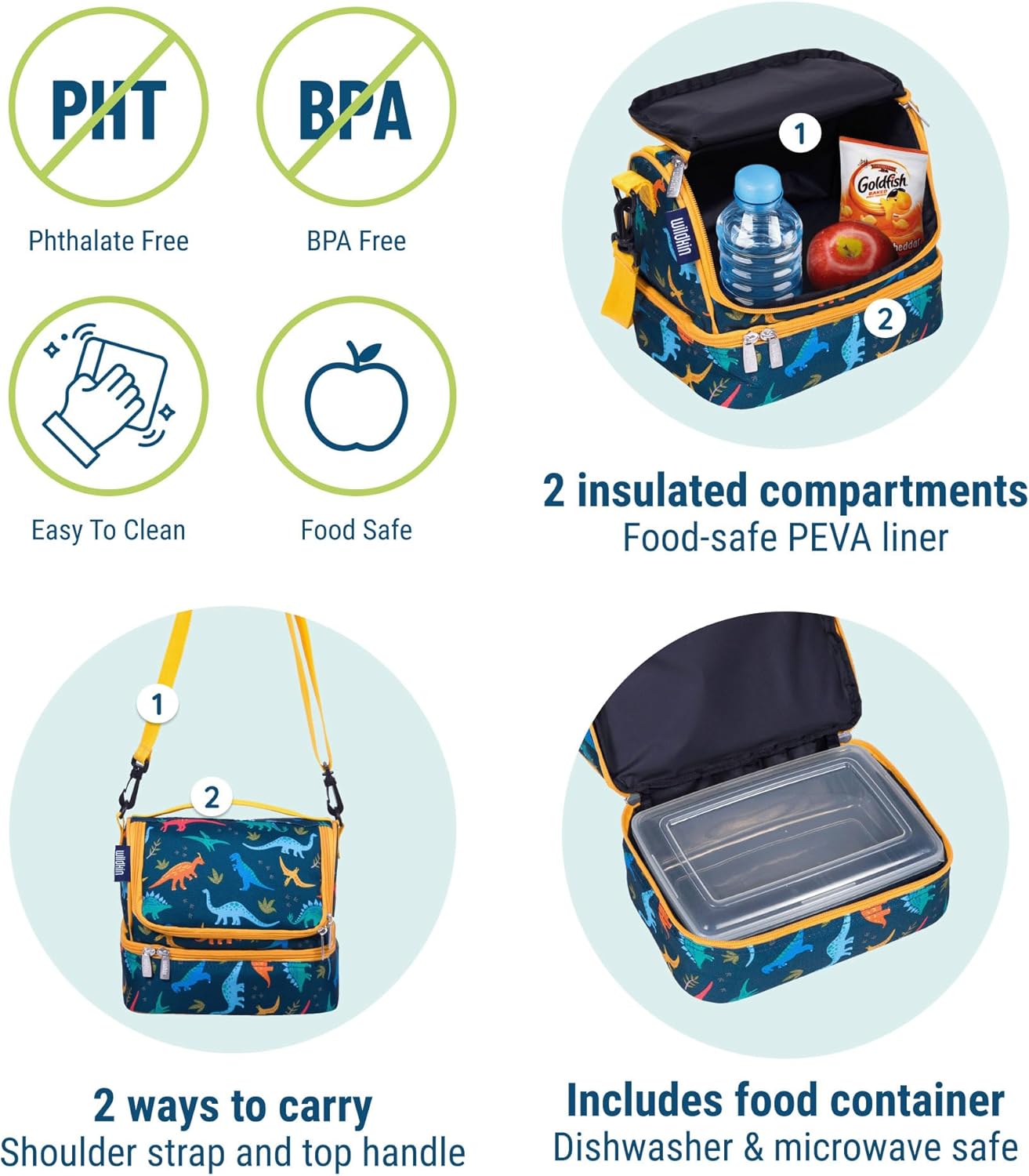 Wildkin Kids Two Compartment Insulated Lunch Bag – Keeps Food Hot or Cold, Easy-Clean Lining, Leak-Resistant & BPA-Free – Boys & Girls, Ideal for School, Travel & Daycare – Jurassic Dinosaurs