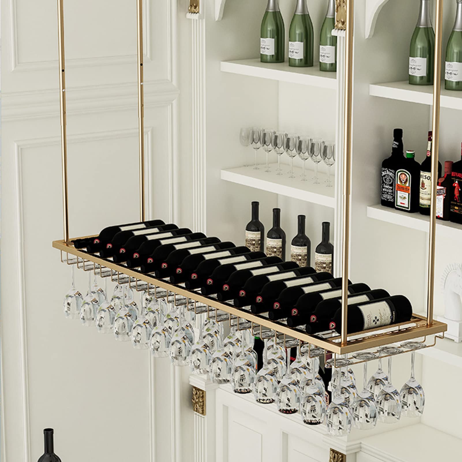Étagère de rangement pour verres à pied et bouteilles avec cadre en fer forgé doré suspendu