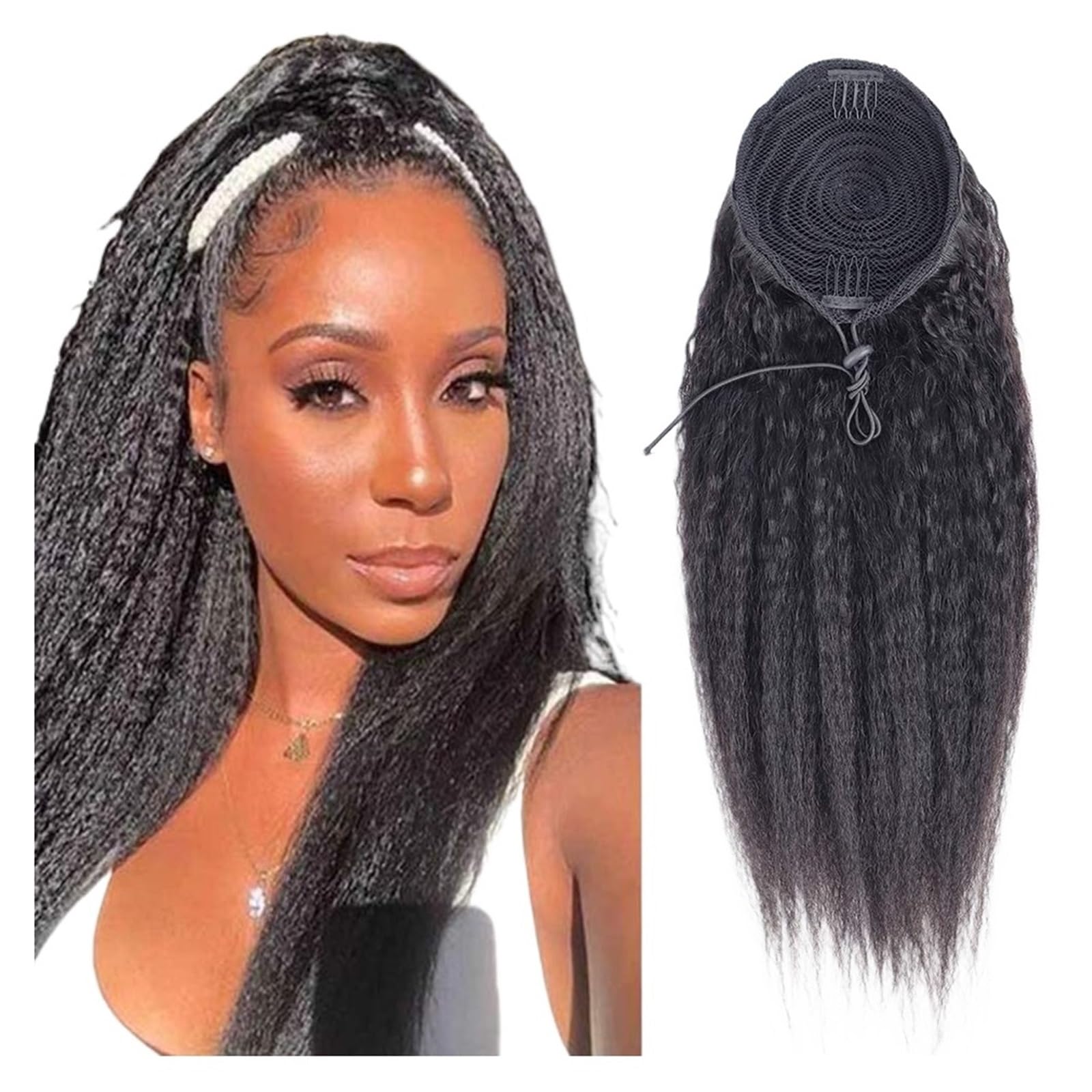 Naturale Extension for coda di cavallo liscia e crespa con coulisse e capelli umani brasiliani for donna Aspetto perfetto(16inches)
