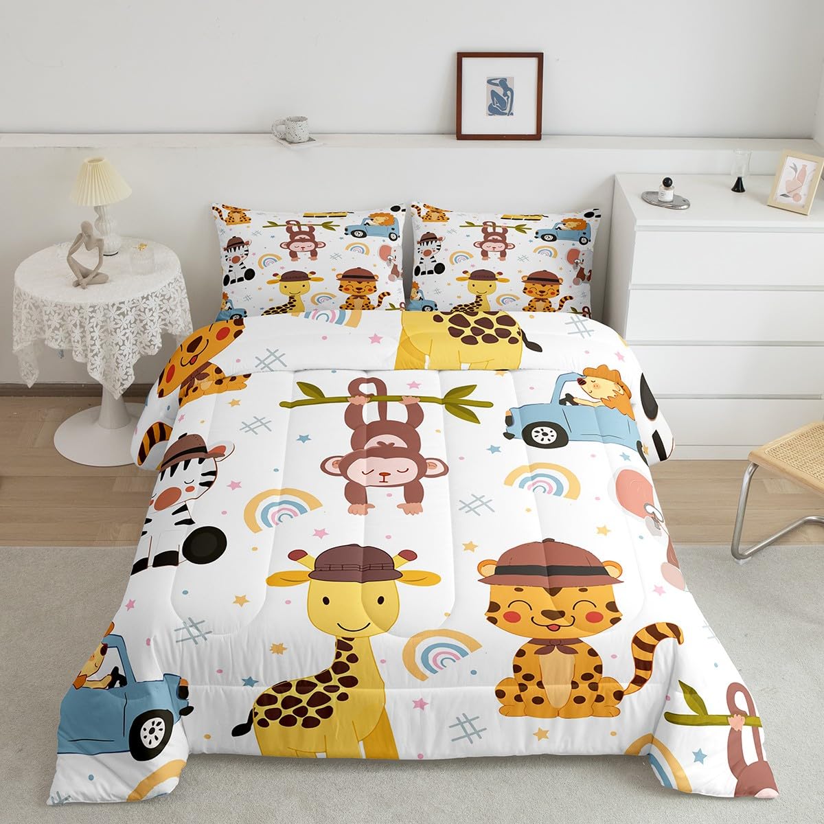 Feelyou Rainbow Giraffe Comforter for Kids Full Size Tiger Monkey Comforter Set Boys Girls Cartoon Rainbow Comforter Kawaii Duvet Insert Bed Set 3Pcs