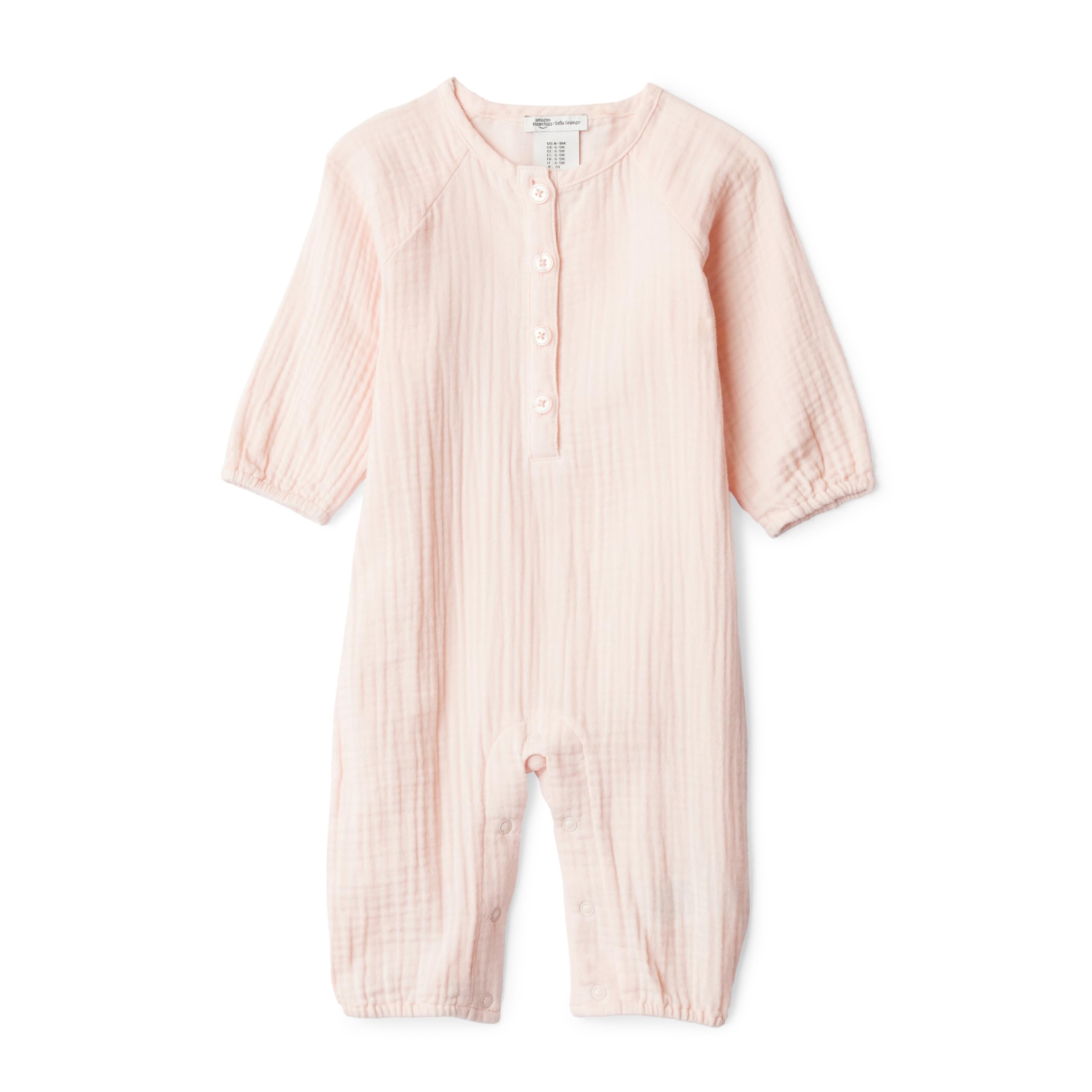 Amazon Essentials x Sofia Grainge Unisex Babies' Cotton Gauze Long-Sleeve Romper Suit, Light Pink, Premature