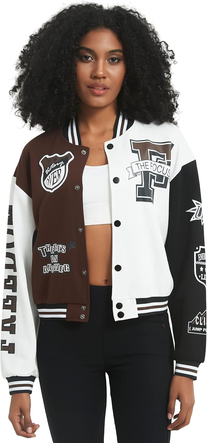 COZYPOIN Women's Varsity Jacket Cropped Letterman Jacket Lightweight Button Down Bomber Racer Baseball Y2K Coats - Image 6