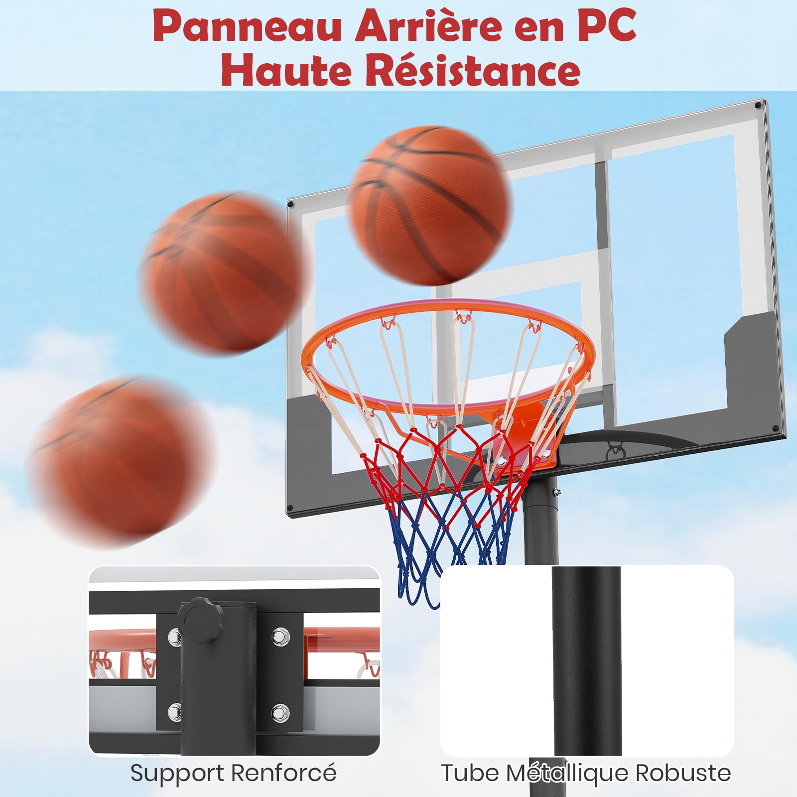 GYMAX Panier Basket Extérieur pour Enfants 3 Ans+, Hauteur 100 à 212 cm, Mobile avec 2 Roues, Base Stable Remplissable, Espace pour Rangement de Ball, Installation et Réglage Facile