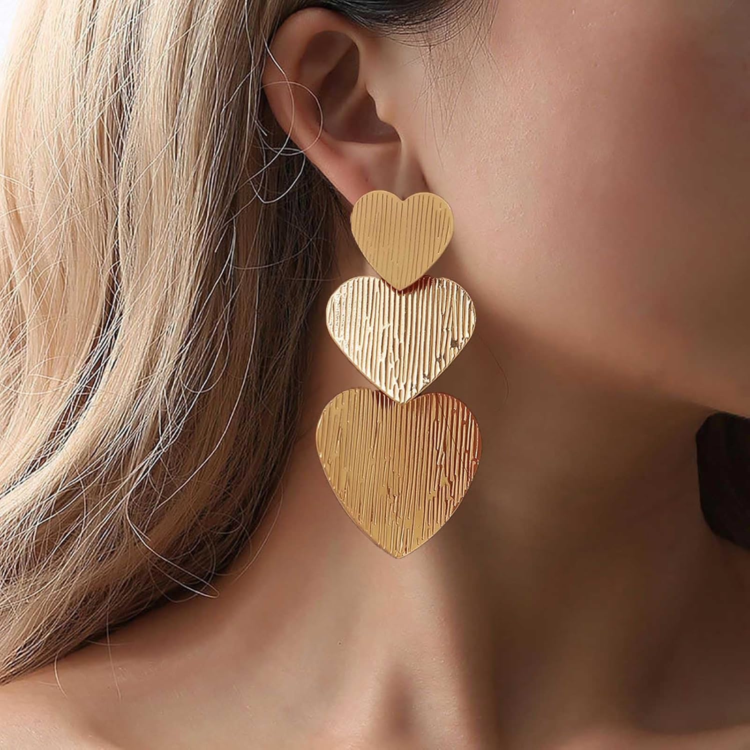 Boho Gold Hammered Heart Stud Earrings Three Heart Earrings Large Heart Dangle Drop Earrings Metal Textured Heart Earrings Heart Shape Statement Earrings Jewelry for Women - Image 5