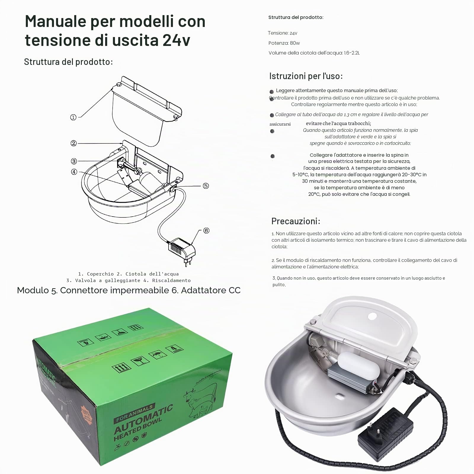 Bevande per Cavalli Riscaldate e Riscaldate a Prova di Gelo, con Valvola Galleggiante Regolabile per Capre, Pecore, Bovini, Salice (24 V, 80 W)