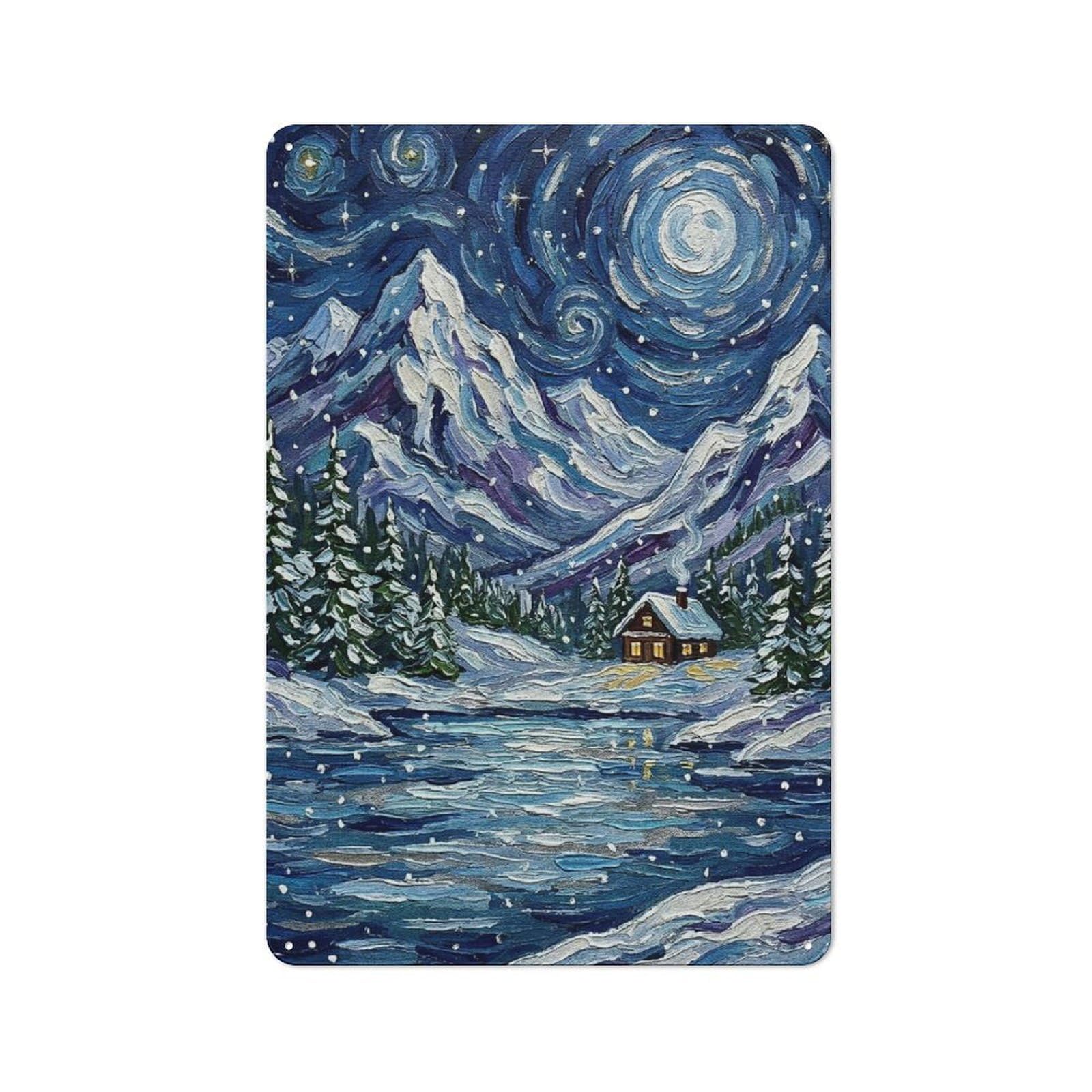 Junmoney Style-18 Modern Retro Decorative Metal Plaque 30X20cm Featuring Winter Cabin Under Starry Night Painting, Loft Wall Plaque For Flat, Bar, Studio Or Gallery Wall