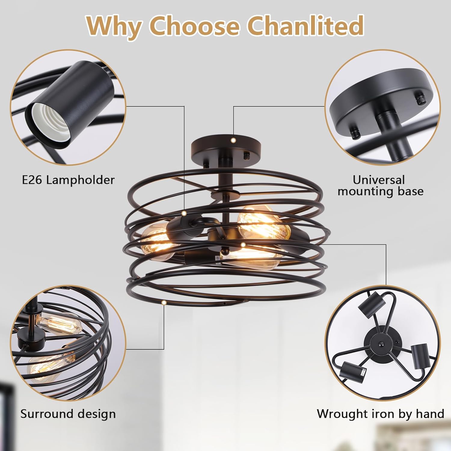 Black 3-Light Rustic Drum Semi Flush Ceiling Light Fixture, Retro Farmhouse Chandeliers Metal Cage for Dining Room, Industrial Pendant Light Fixture for Entryway Kitchen Foyer Bedroom