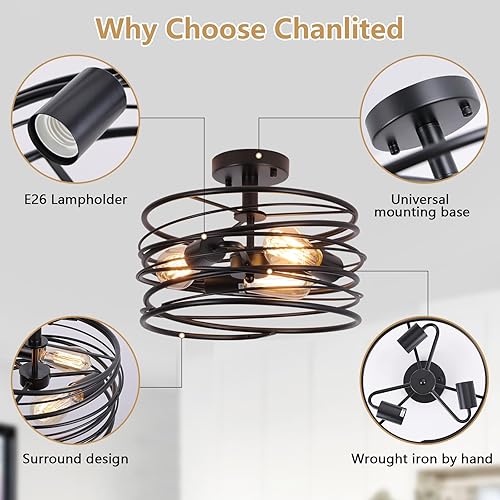 Miniatura 8 de Lámpara de techo semiempotrada de tambor rústico de 3 luces, estilo retro, jaula de metal para comedor, lámpara colgante industrial para entrada,