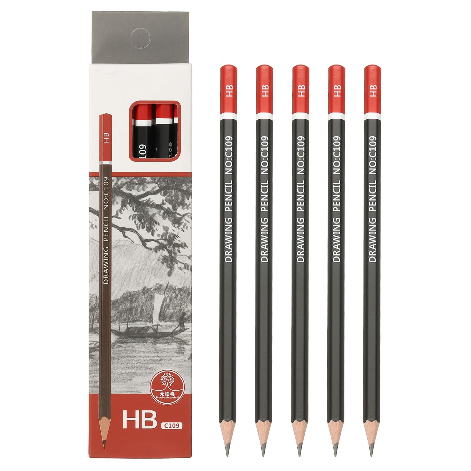 PATIKIL HB Drawing Pencils for Sketching 12PCS Sketch Pencils for Drawing Art Pencils Graphite Wood Pre-sharpened for Drawing Sketching Artists HB Pencils Black Red Rod