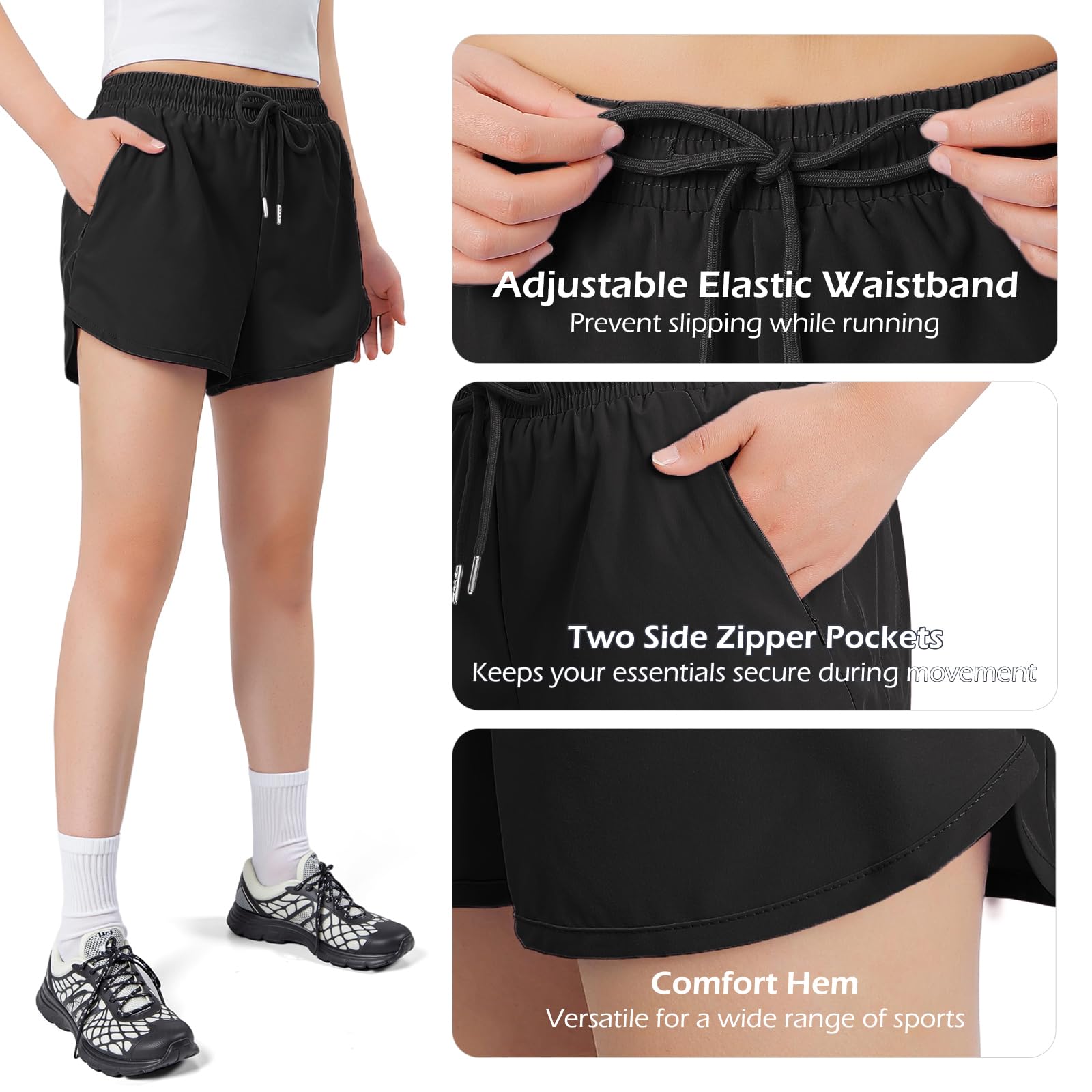 2 en 1 Femme Running Short de Sport été pour Fitness Jogging Entraînement Poche avec Zippées