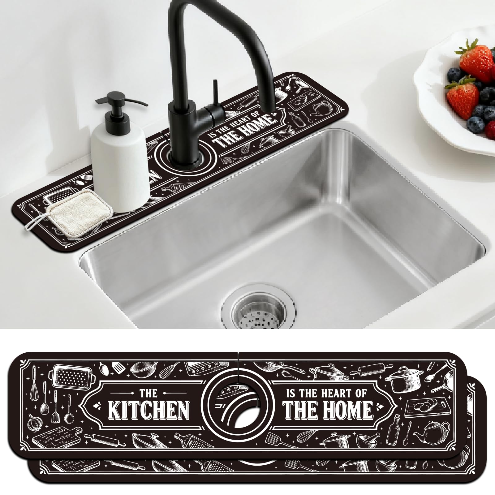 CONCHLERY 2Pcs Tableware Pattern Kitchen Sink Splash Guard Faucet Mat Kitchen Slogan The Kitchen is the Heart of the Home Faucet Mat for Bathroom Kitchen 5.5x23.6In