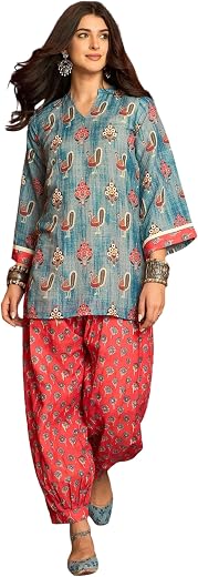 EthnicJunction Women's Linen Floral Print Summer Wear Straight Short Kurti with farshi Salwar Set | Kurta Pant Set | Offic...