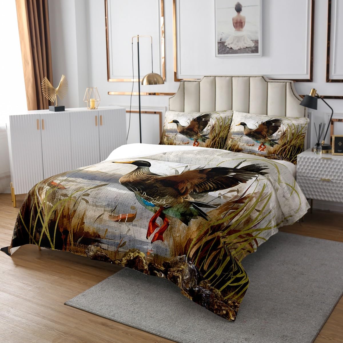Feelyou Mallard Duck Quilted Coverlet Boys Girls Wild Duck Hunting Bedspread for Kids Women Men Ultra Soft Lodge Cabin Farmhouse Coverlet Set Bedspreads Quilt Room Decor Queen Size Quilt Set