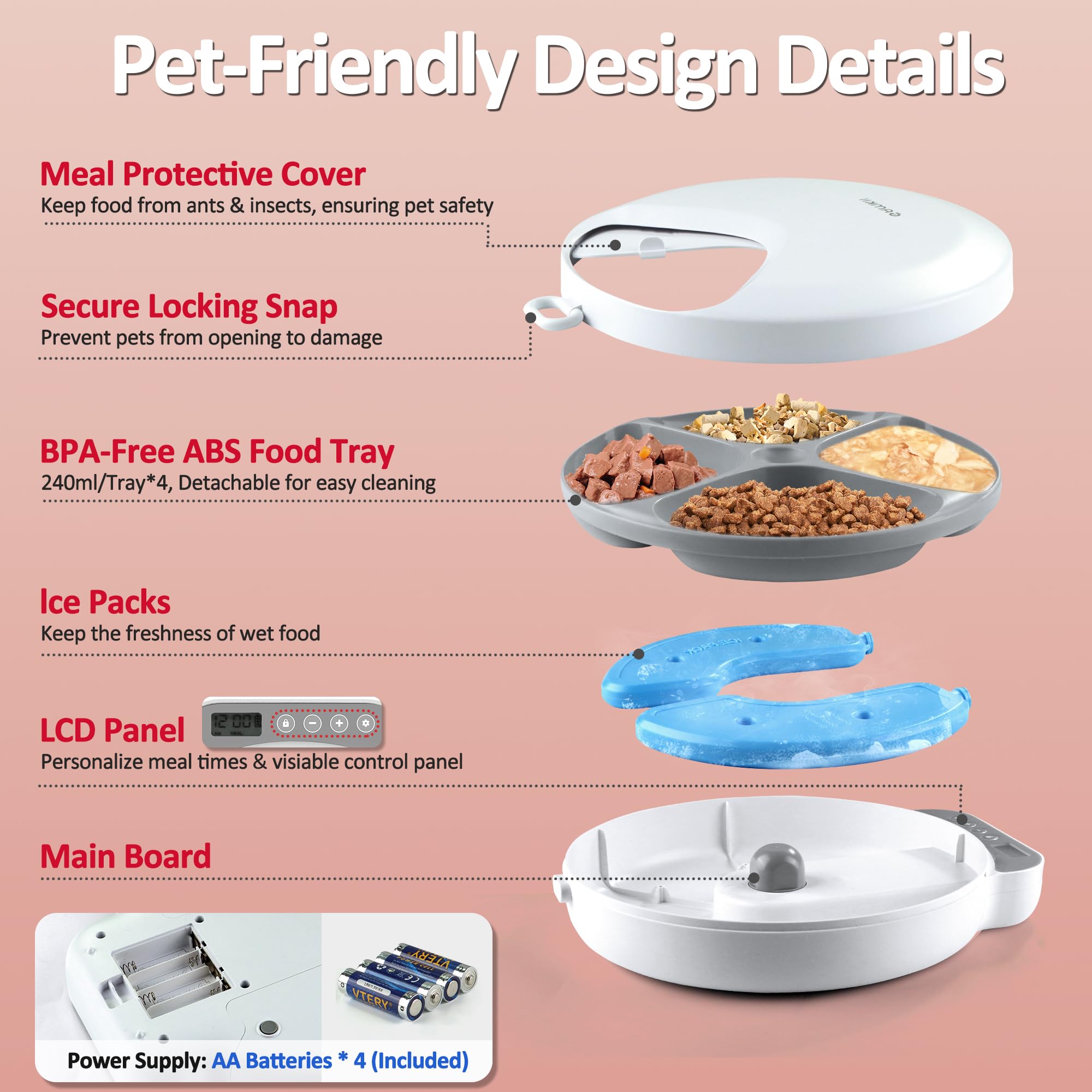 Alimentador automático para gatos, alimentador automático de alimentos húmedos/secos con 2 paquetes de hielo, temporizador programable inalámbrico de 4 comidas, dispensador automático para mascotas