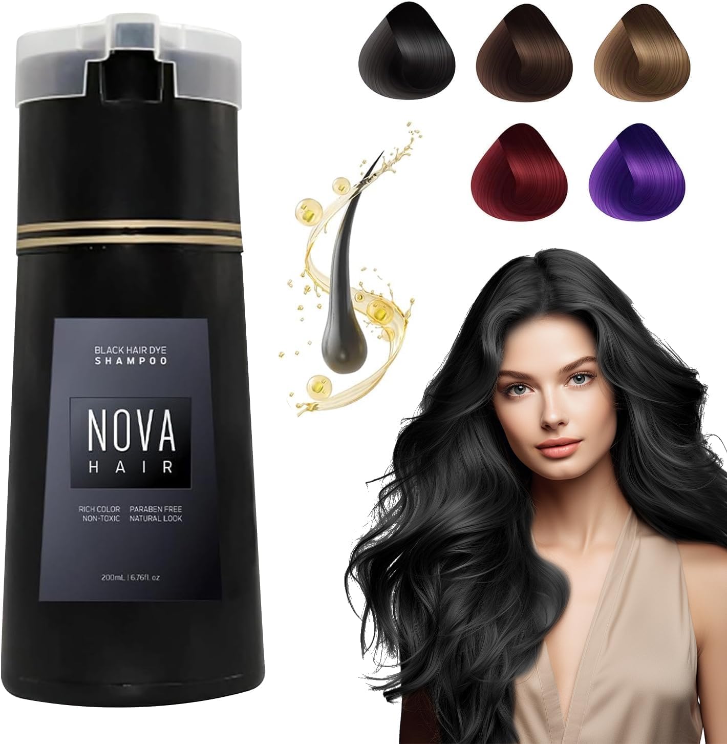Hair Dye Shampoo 3 in 1 for Nova Hair Instant Dye, Hair Color for Gray Hair Coverage, Long Lasting Color for Women & Men (Black)