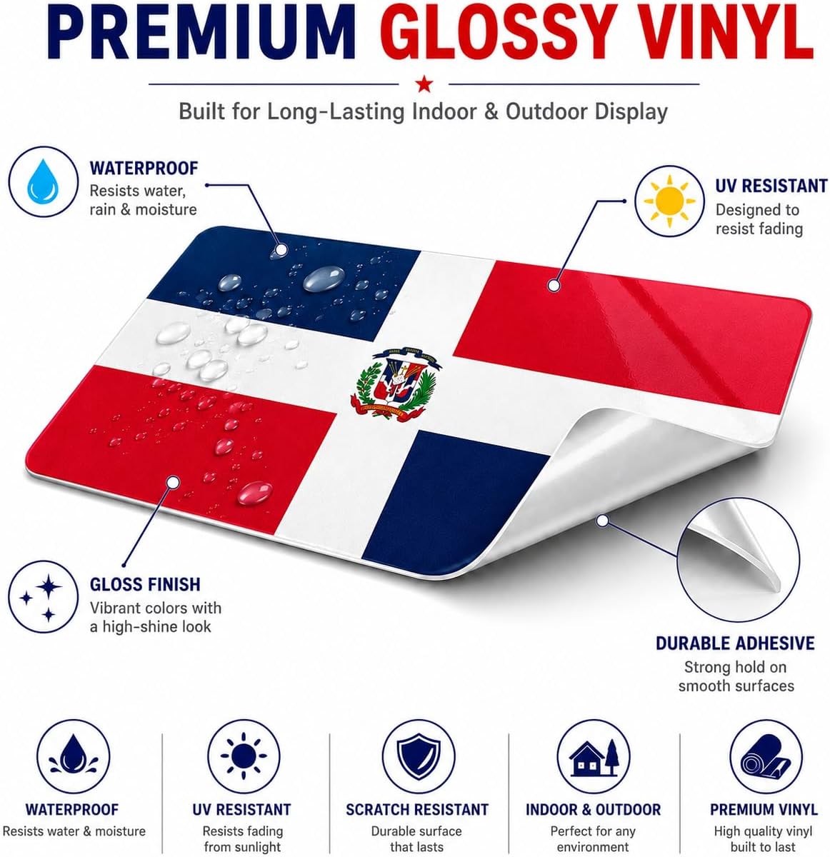 Dominican Flag Vinyl Flag Stickers, Car Decals, Waterproof Indoor Outdoor, Laptop Stickers, Car Bumper, Bandera Dominicana, 5 x 3 Inches, Set of 3