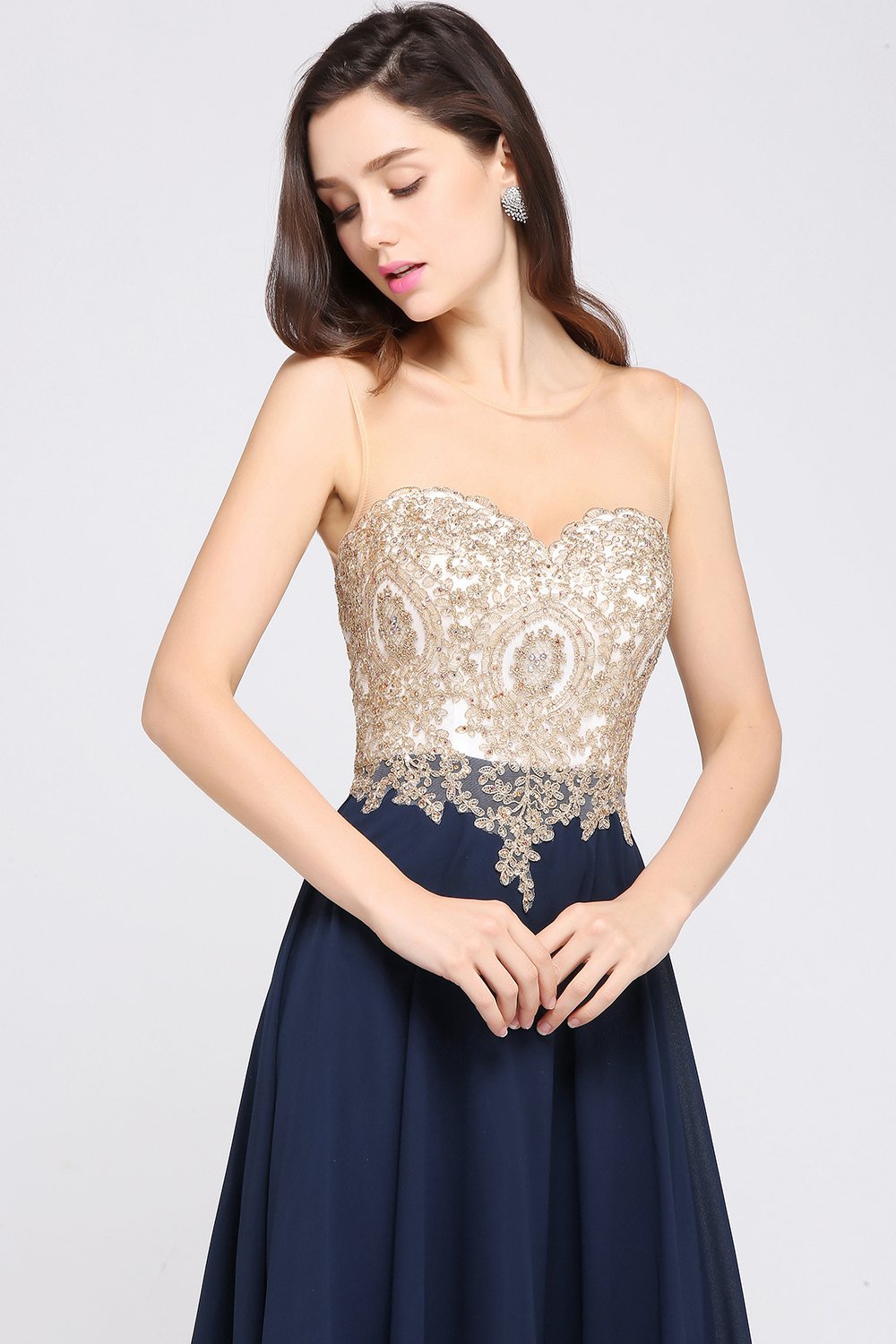 Misshow Robe de Gala Cocktail Longue avec Appliques Florale Sexy Chic Elégante pour Mariage sans Manches