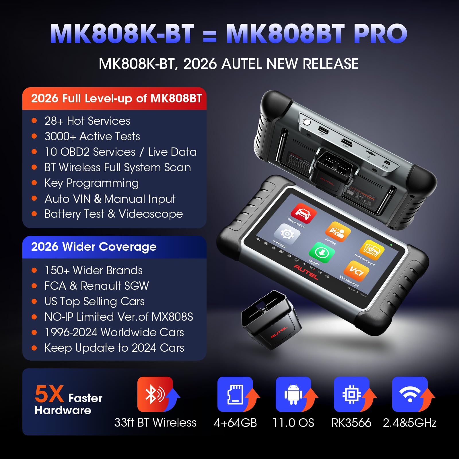 Autel MaxiCOM MK808K-BT OBD2 Diagnosis Coche, 2026 Bidireccional como MK900BT MK808BT Pro, BT Ver.de MX808S MK808S MX900 MK900, Prueba Activa,28+ Servicio, Diagnóstico Todos Los Sistemas,Soporte BT506