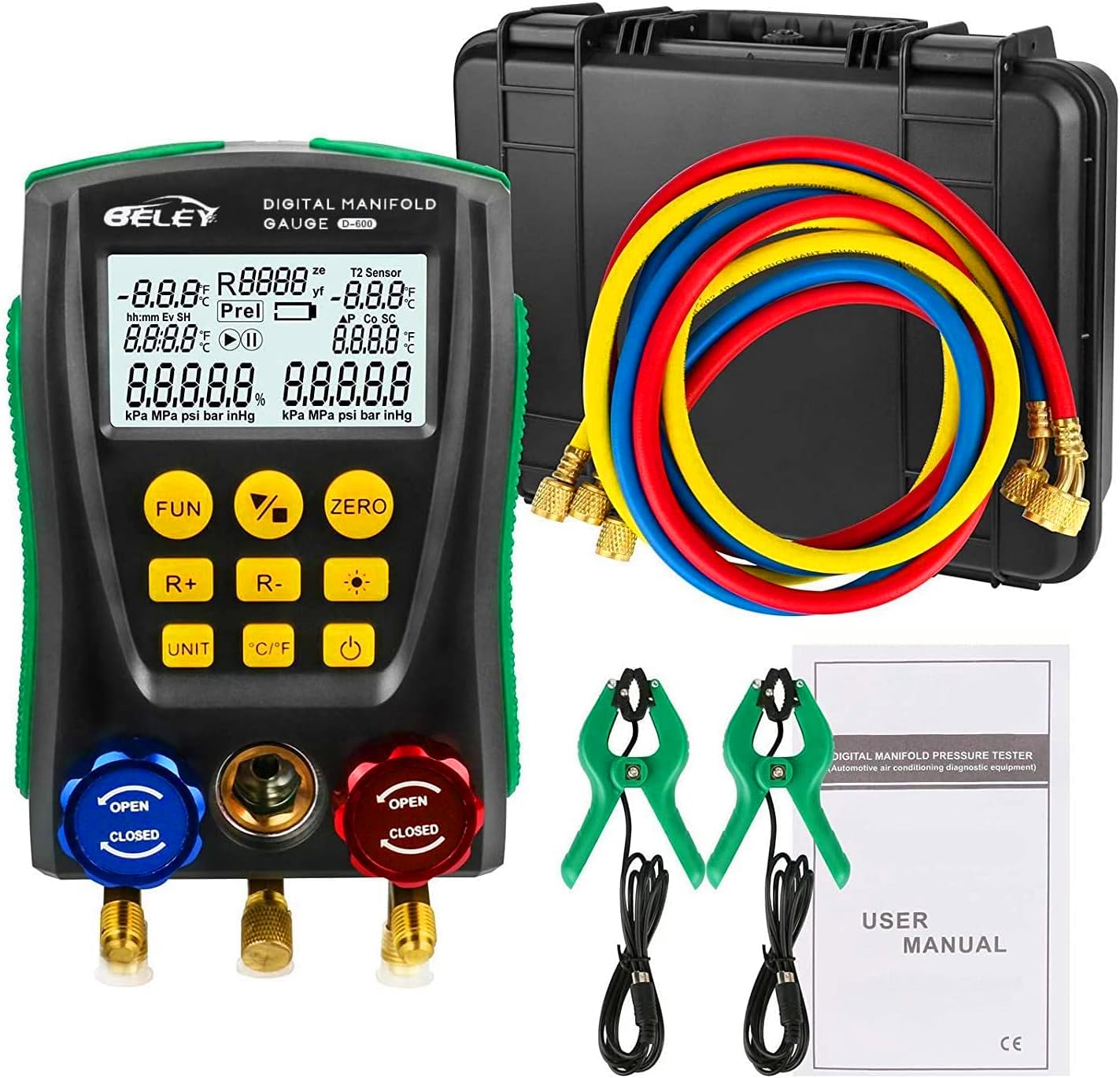BELEY Digital Manifold HVAC Gauge Set,93 Refrigerants Dual Pressure&Temp Test with Temperature Clips and Hoses Vacuum AC Gauges for R1234YF R134A R404A R410A R32 R744（CO₂）