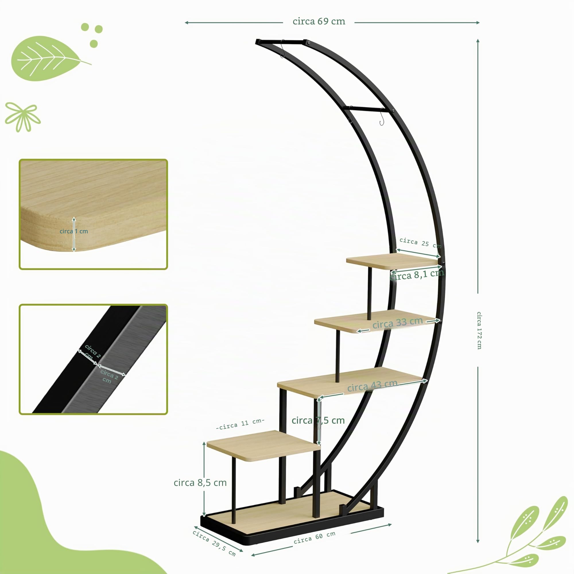 Ribelli Supporto per piante in metallo a 5 livelli, a forma di mezzaluna, 172 cm, con 5 ripiani e ganci, per piante, con protezione antiribaltamento, per balcone, soggiorno, terrazza (1 pezzo,