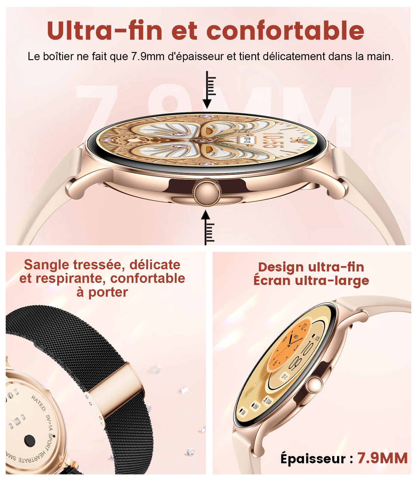 BENYAR SMART Montre Connectée Femme avec Appel Bluetooth, 1,43" AMOLED Écran/120+ Modes Sportifs, SpO2/Fréquence Cardiaque/Sommeil IP68 Étanche pour Android iOS