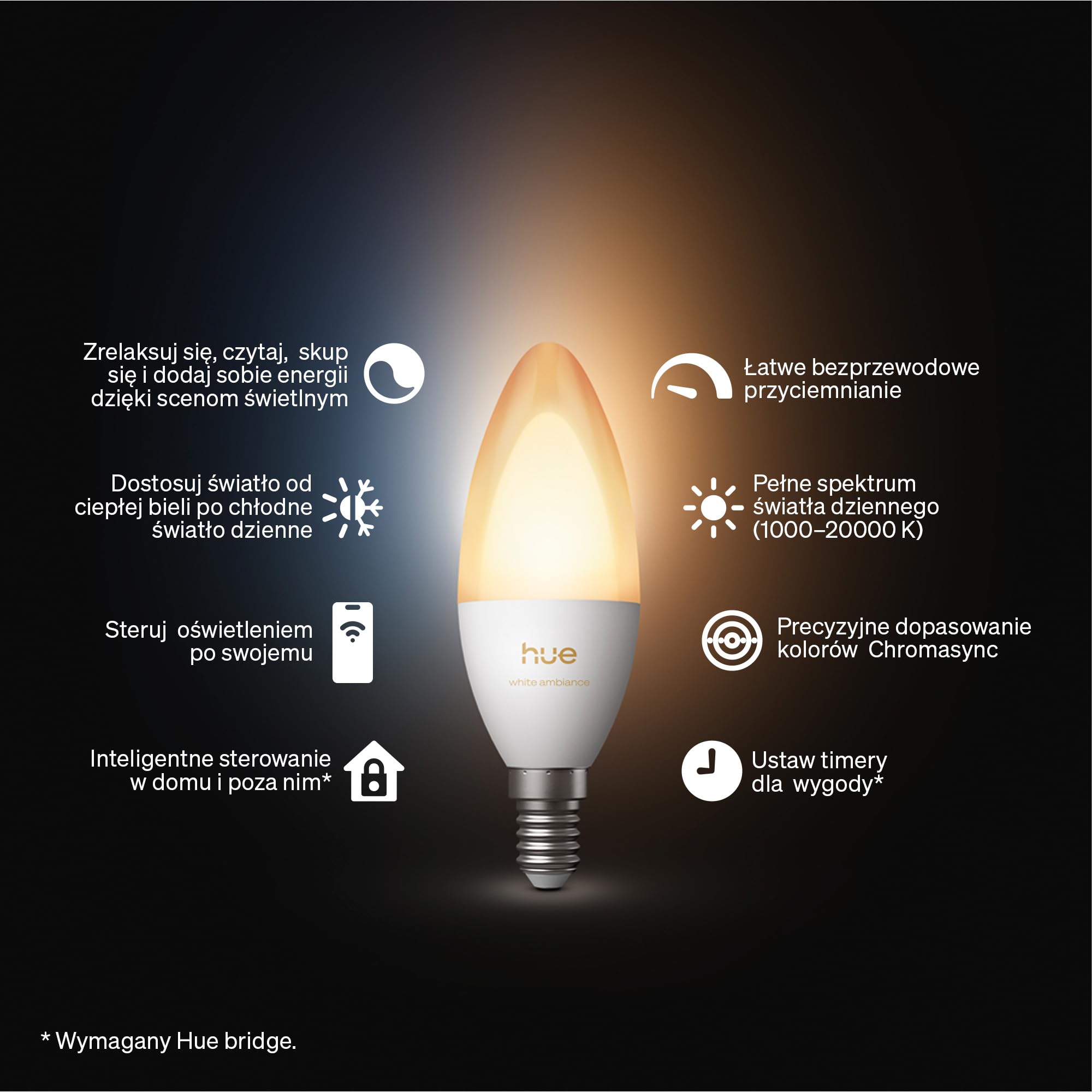 Philips Hue Smart Żarówka Świeca LED, B39, E14, White Ambiance, Pełne Spektrum 1000 K–20000 K, 500 lm, Bardzo Niski Poziom Przyciemniania, Chromasync, Alexa, Google Home, Apple Home, 3 szt.