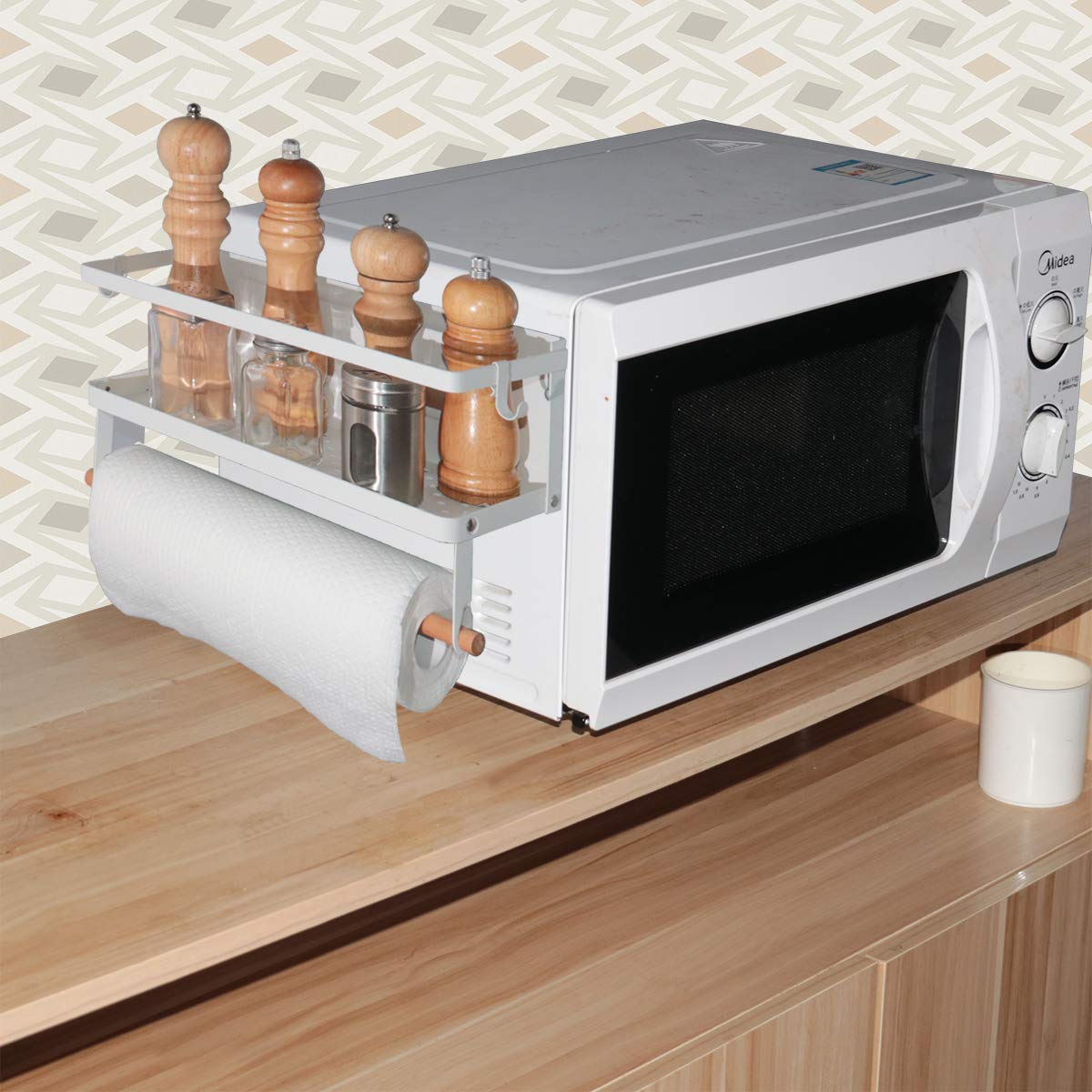 Magnetisches Kühlschrank-Gewürzregal, 2 Etagen, faltbar, für die Küche, magnetisch, Seitenregal Aufbewahrung von Gewürzen, Saucen, Salz, Pfeffer, Handtuch mit Holzhalter Haken und Schraube weiß