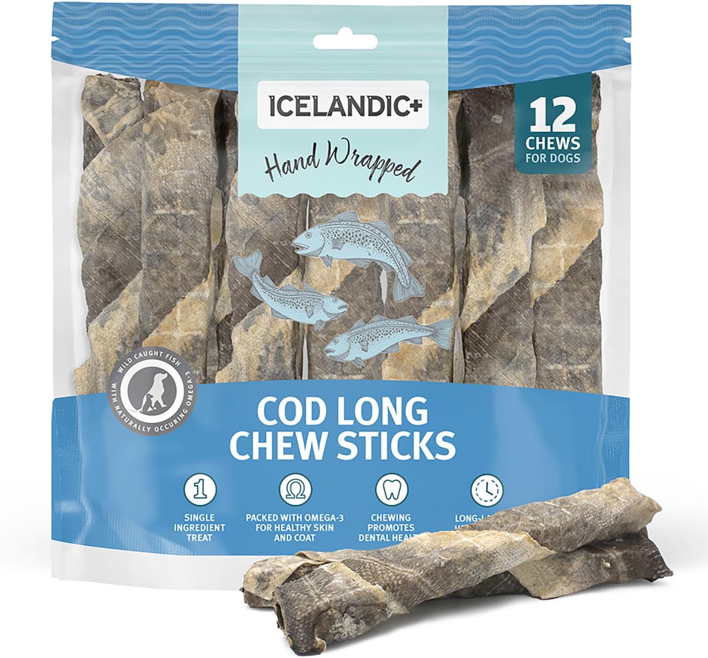 Icelandic+ Cod Skin Long Chew Sticks 10" - 12 Pack Bag - Dog Treats, Hand Wrapped Long-Lasting Chews, Air-Dried Single Ingredient, No Preservatives