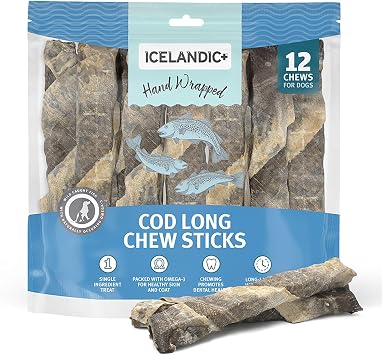Icelandic+ 12 Pack Cod Skin Long Chew Sticks - 10 in Air-Dried Dog Treats