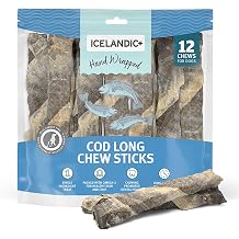 Icelandic+ Cod Skin Long Chew Sticks 10" - 12 Pack Bag - Dog Treats, Hand Wrapped Long-Lasting Chews, Air-Dried Single Ingredient, No Preservatives