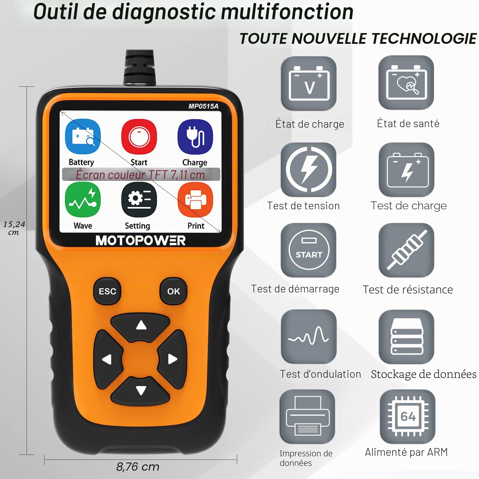 MOTOPOWER MP0515A Testeur de charge de batterie de voiture de 12V 100-2000 CCA, Test du système de charge, Analyseur alternateur