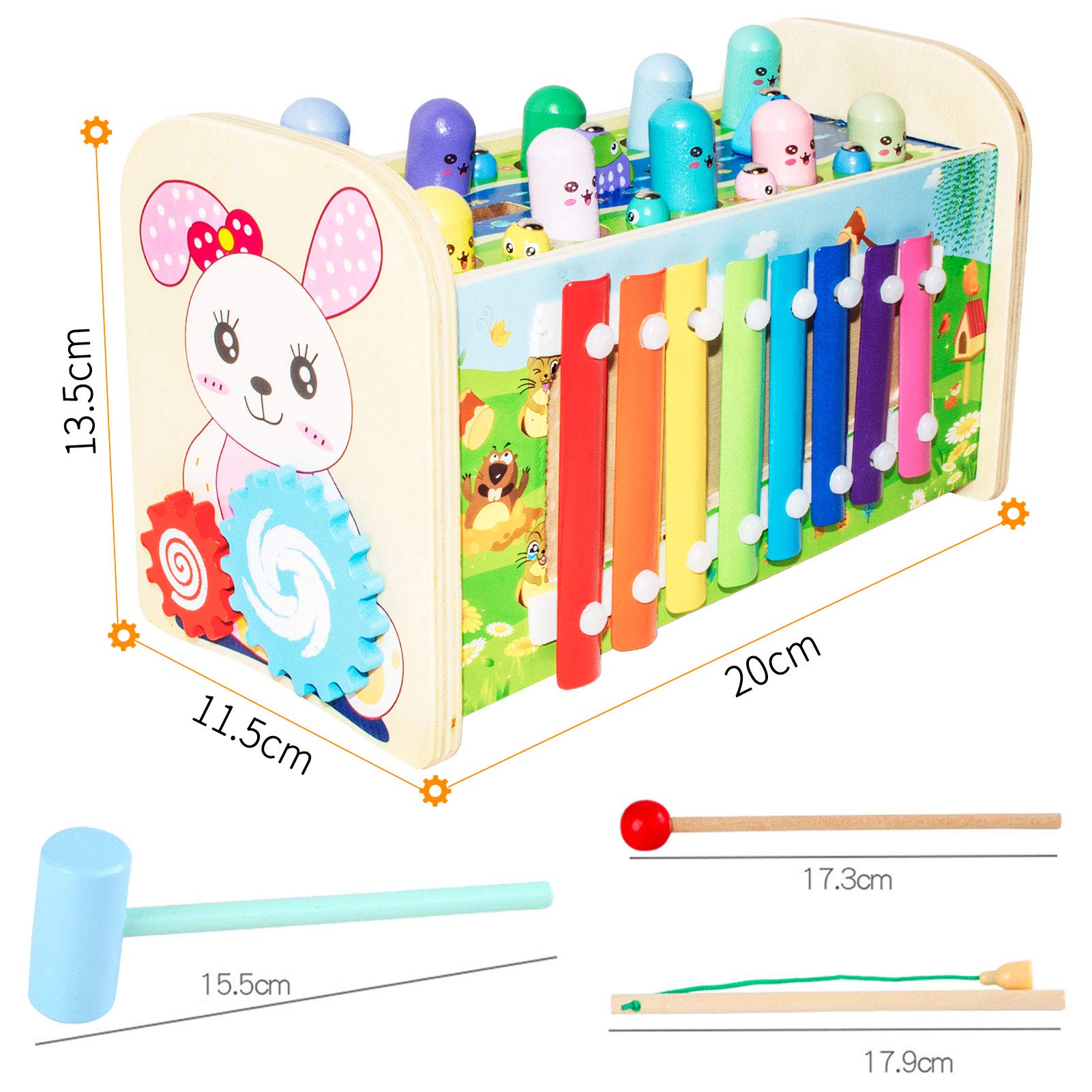 Giocattolo di Legno Martello con Pesca, Xilofono, Ingranaggi in Movimento, Orologio Giocattolo, Pioli Mallet Pound e Tap Toys e Xilofono Giocattoli Musicali in Legno per Bambini Bambino Bambino