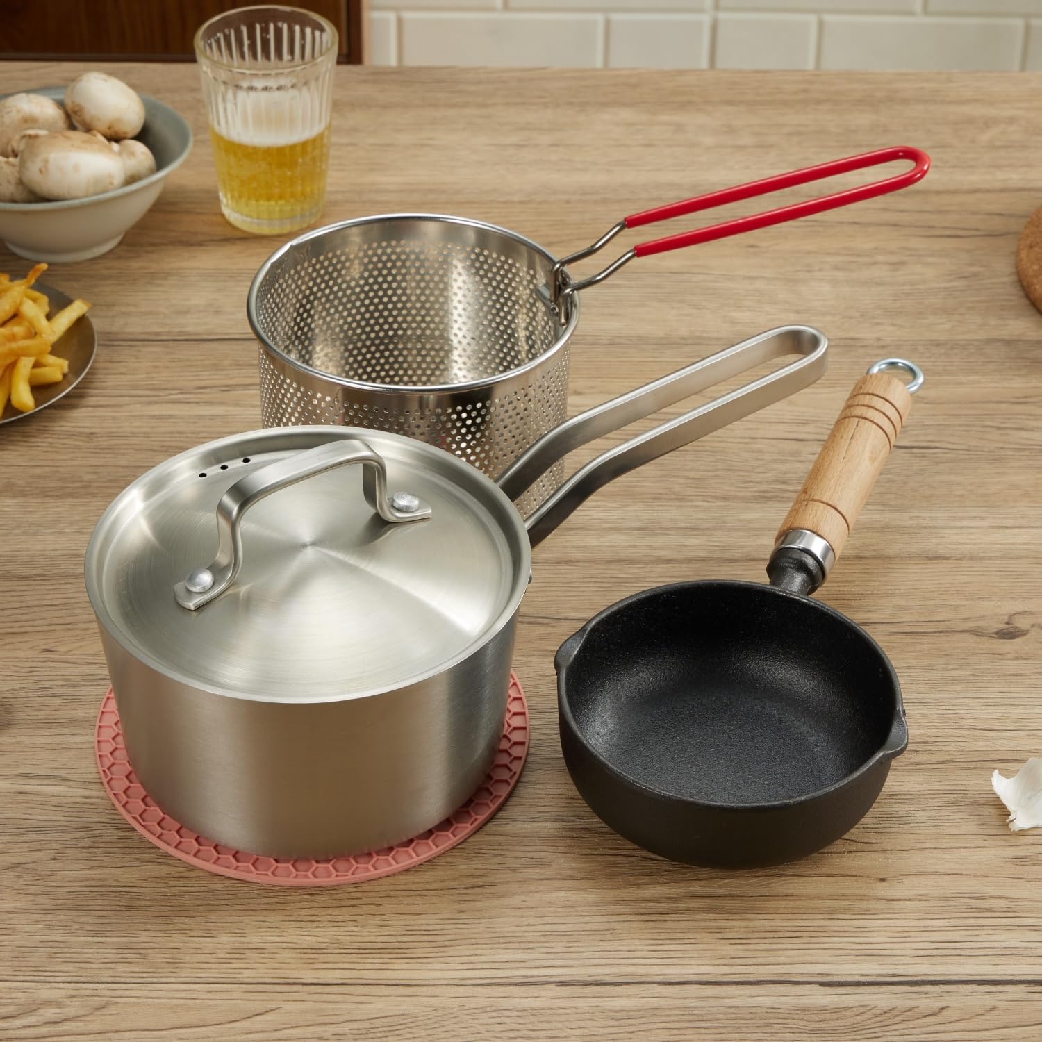 Pentola a 3 strati in acciaio inox con una sola mano, casseruola, cestello per friggere, piccola padella per olio in ghisa, compatibile elettromagnetica, riscaldamento rapido e uniforme di