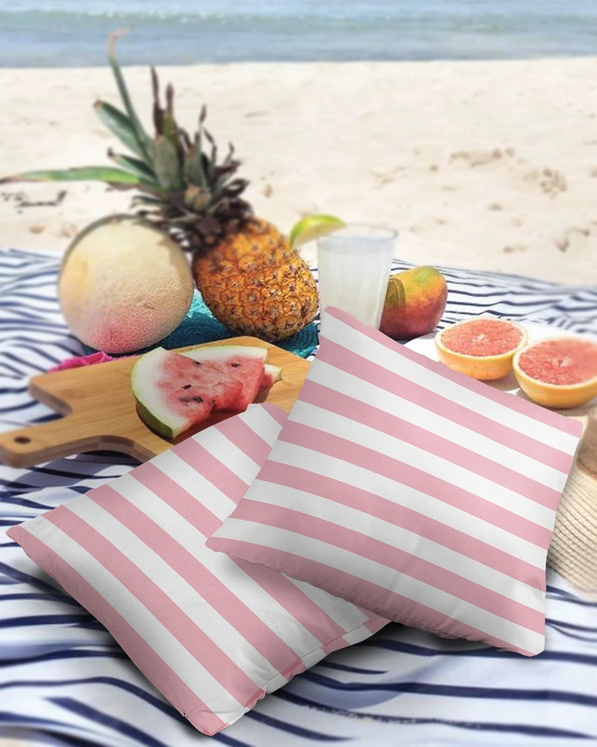 ALAGEO Outdoor Waterproof Pillow Covers for Patio Furniture Pink and White Stripes Decorative Throw Pillow Cover Solid Striped Pillowcases Set of 2 Cushion Case for Sofa Couch Chair 26 x 26 in