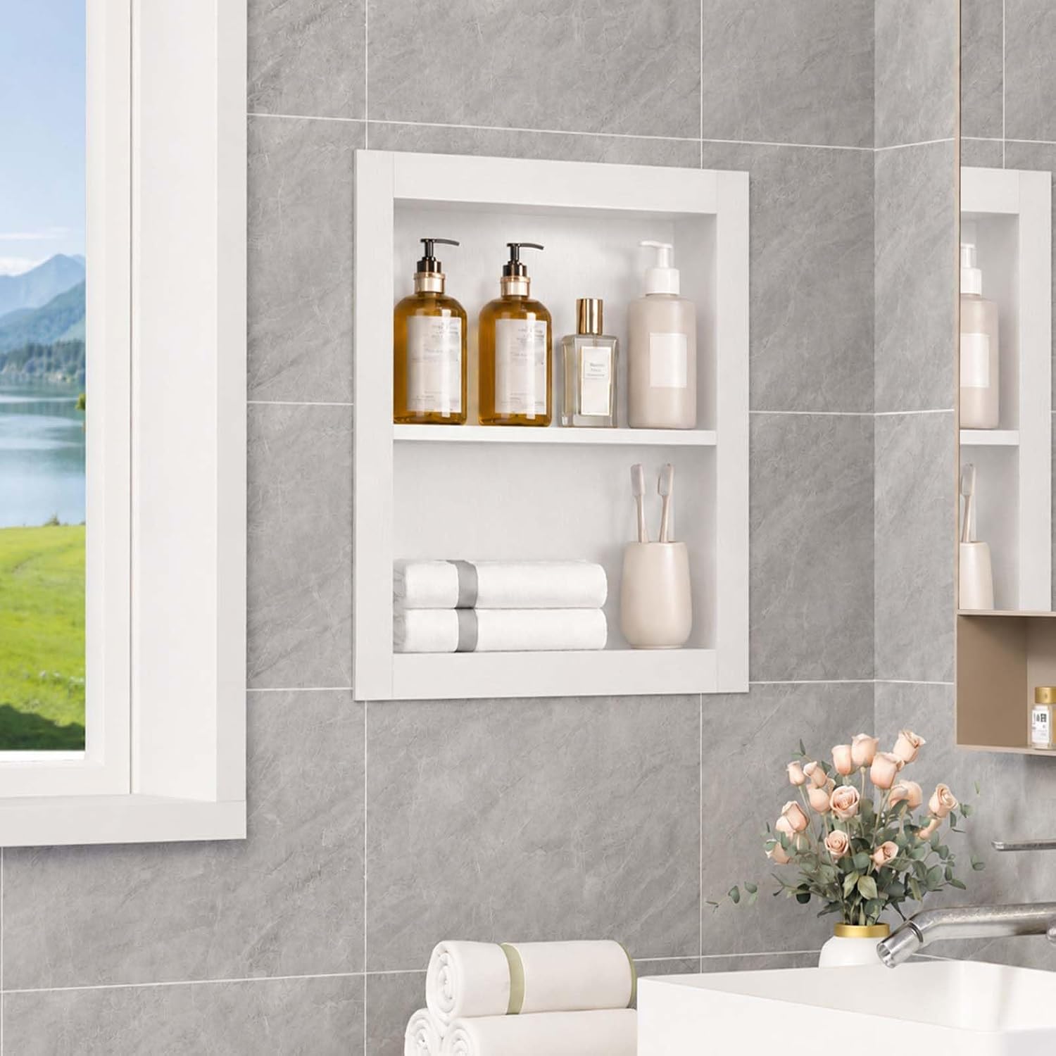 14x18'' Recessed Medicine Cabinet, Medicine Cabinet No Mirror, Soild Wood Recessed Wall Niche with 2-Tiers Shelves for Living Room, Bathroom Storage