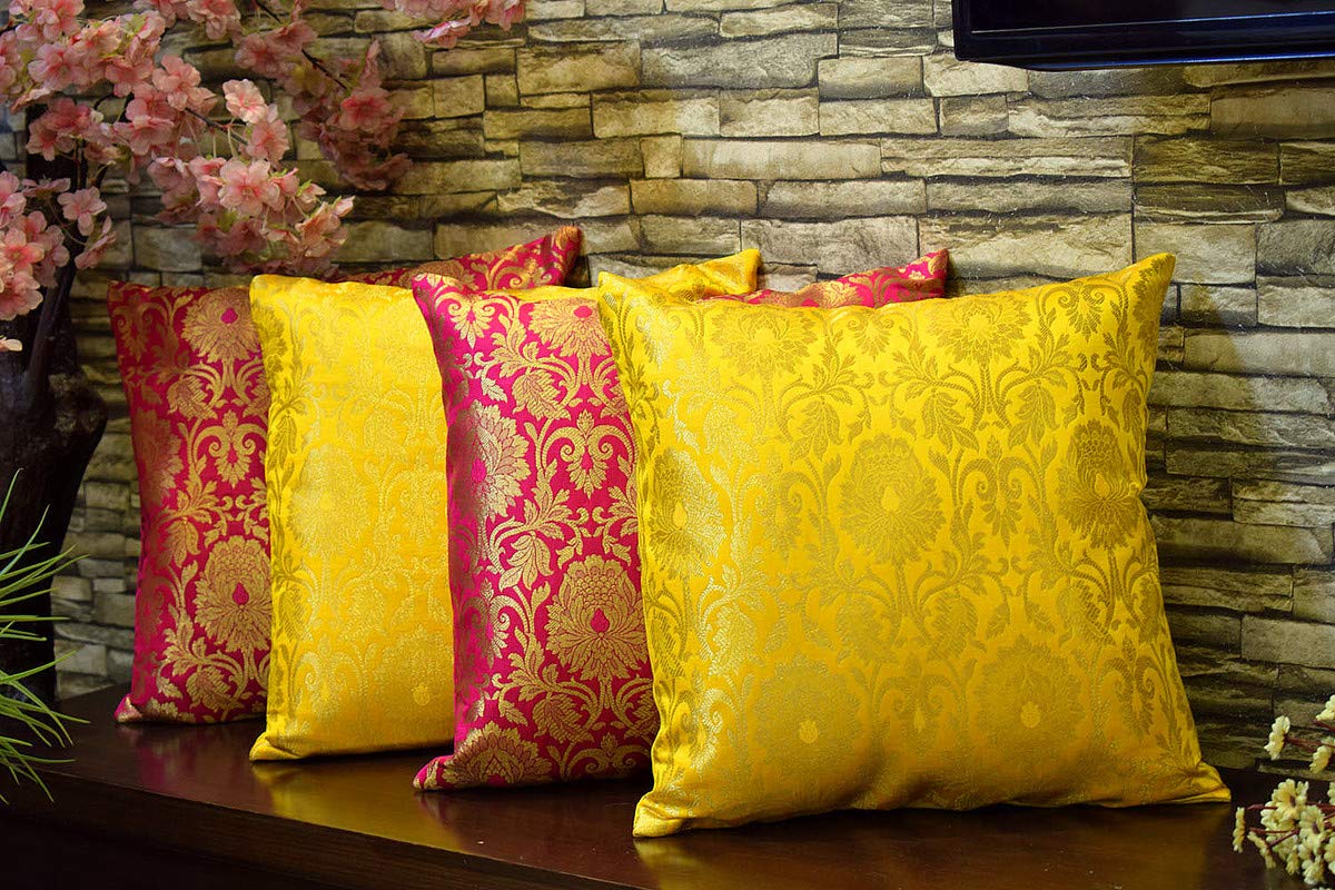 Royal DecoFurnishing Indian Brocade Silk Mughal Banarasi Floral Effect Cushion Covers (Yellow, Bougainvillea Pink & Golden, 24"x 24" inches, 60x60Cms) - Set of 4 (B08QRHKG1R) Amazon Price History, Amazon Price Tracker