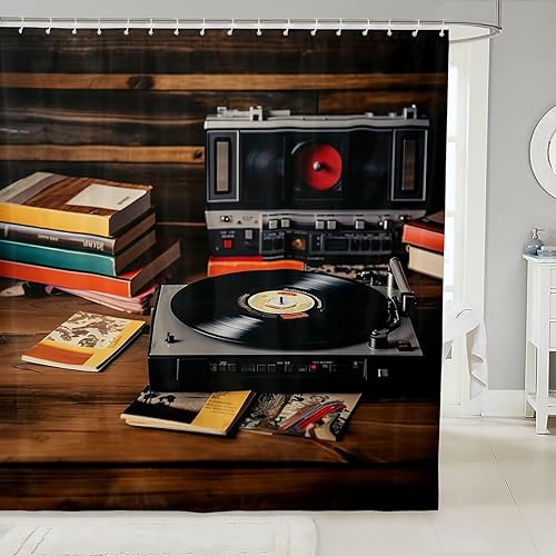 Cortina de ducha vintage de los años 80, estilo retro, cintas de radio, cortina de ducha de tela, reproductor de música para baño, juego de cortina
