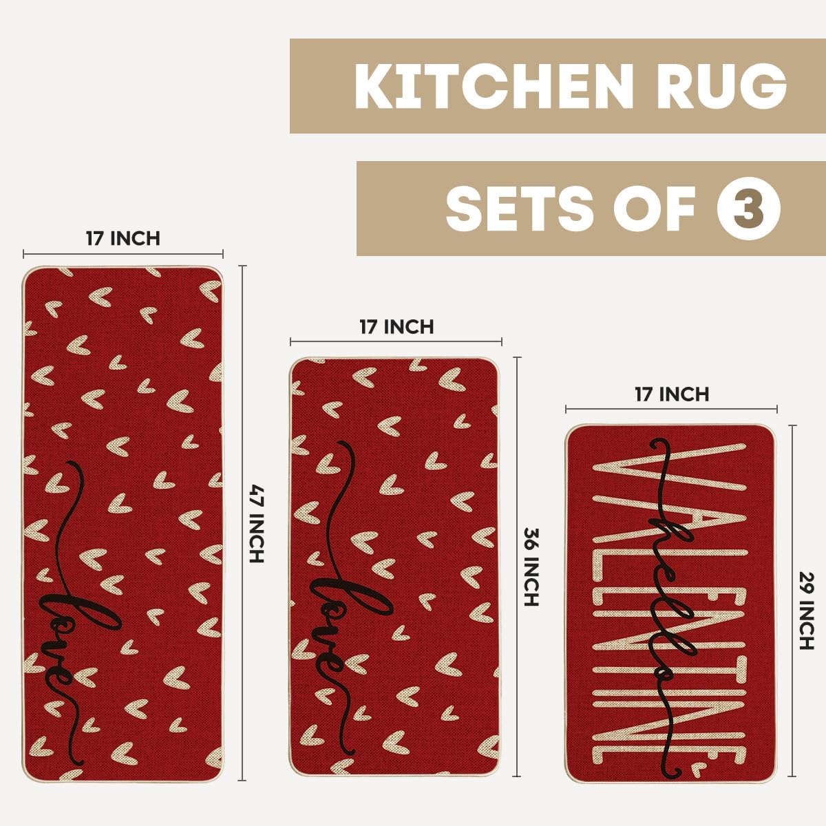 Artoid Mode Red Love Heart Hello Valentine's Kitchen Mats Set of 3, Home Decor Low-Profile Kitchen Rugs for Floor - 17"x29"+17"x36"+17"x47"