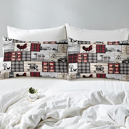 Miniatura 9 de Juego de sábanas rústicas de animales de granja retro, a cuadros, estilo granja, cabaña, tamaño Queen, diseño de oveja, pollo y vaca, sábana bajera