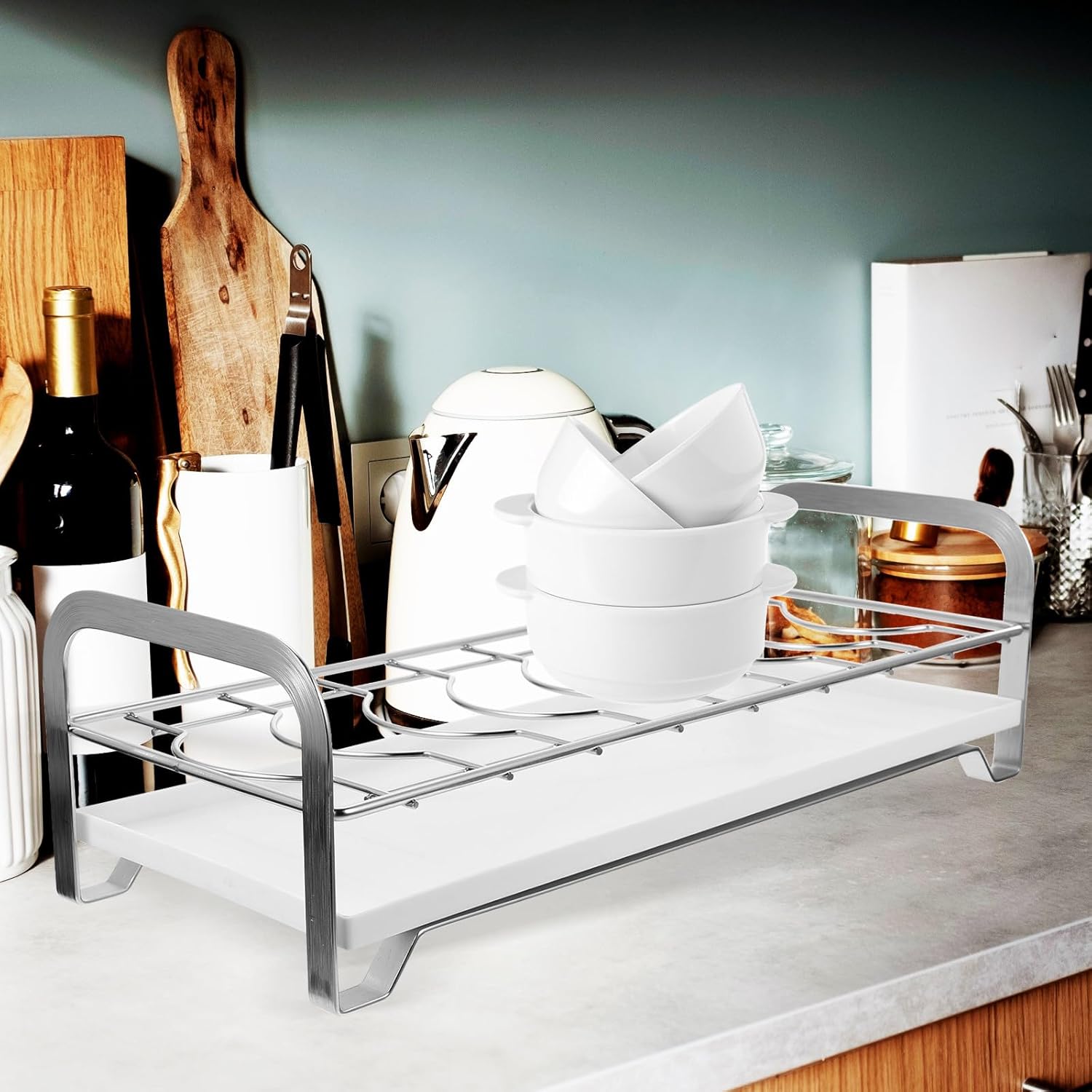 Stainless Steel Dish Drying Rack with Drainboard, 8-Position Kitchen Counter Tableware Drainer Holder, Practical Kitchen Dish Rack for Organized Storage and Fast Drying