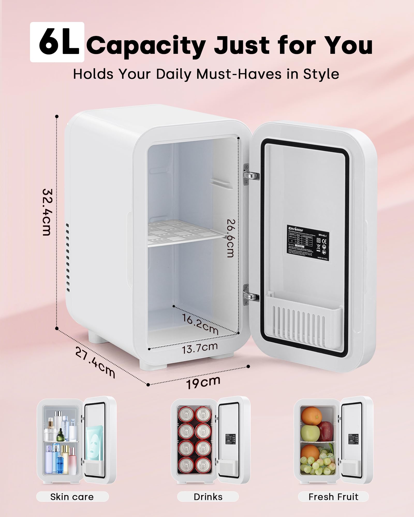 Enventor Mini Fridge 6L/ 8 Can, Skincare Fridge With Dimmable LED Light Mirror, AC+12V DC Power Cooler & Warmer for Bedrooms, Home, Car/Cosmetics, Skin Care and Food, White — view 8