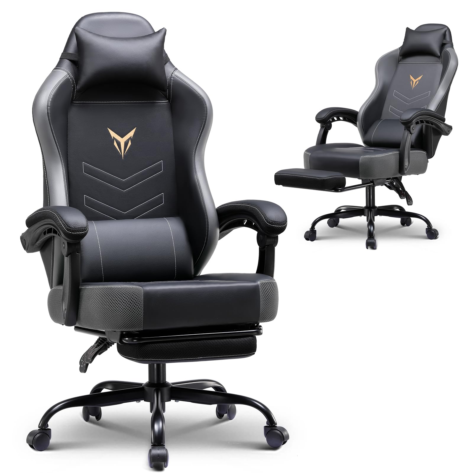 GTPLAYER Gaming Chair with Footrest, Recliner Chair with Headrest &amp; Lumbar Support, Linkage Armrest,Ergonomic Gaming Chair, High Back Office Home, Grey