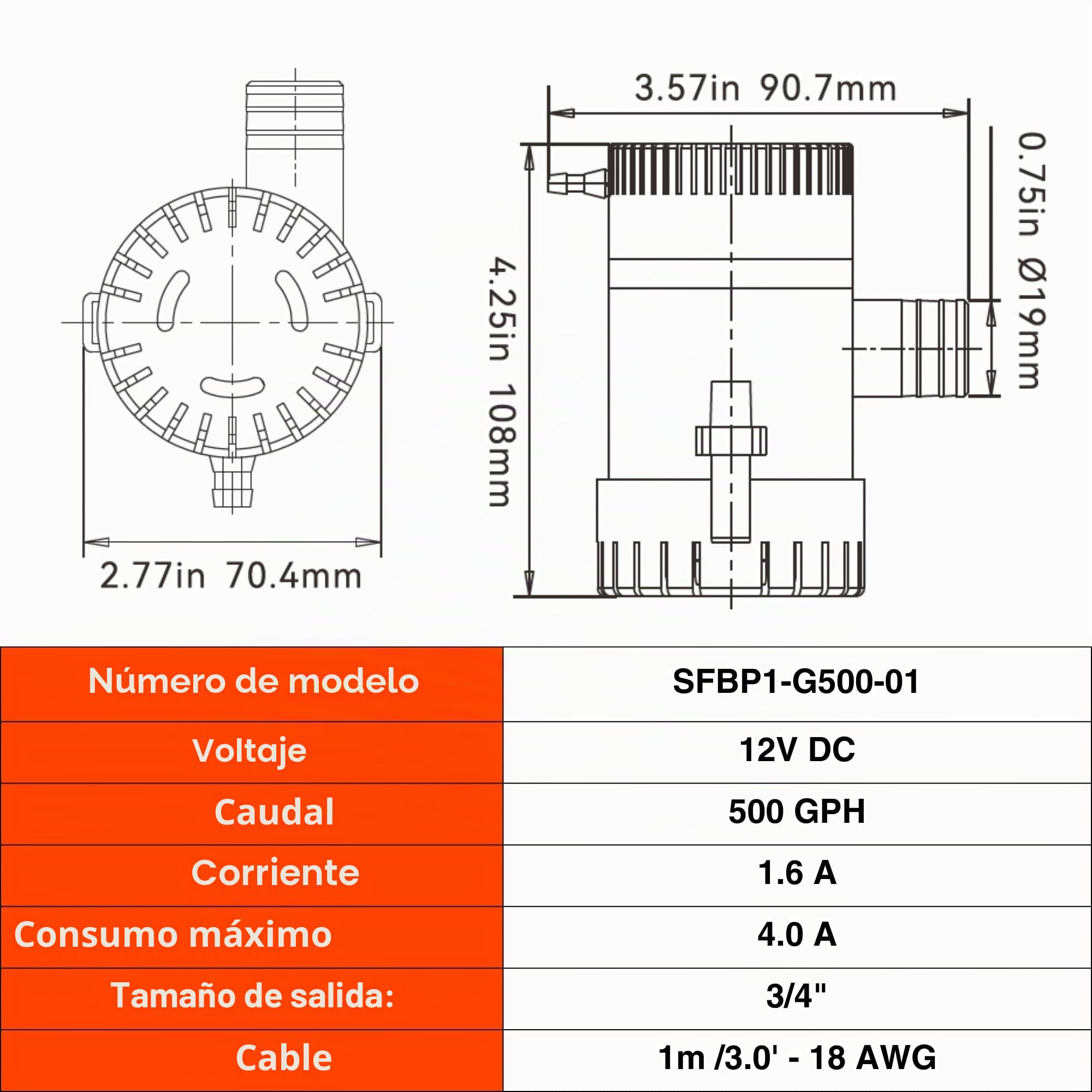 Seaflo Bomba de sentina de 12 V 500 GPH Seaflo