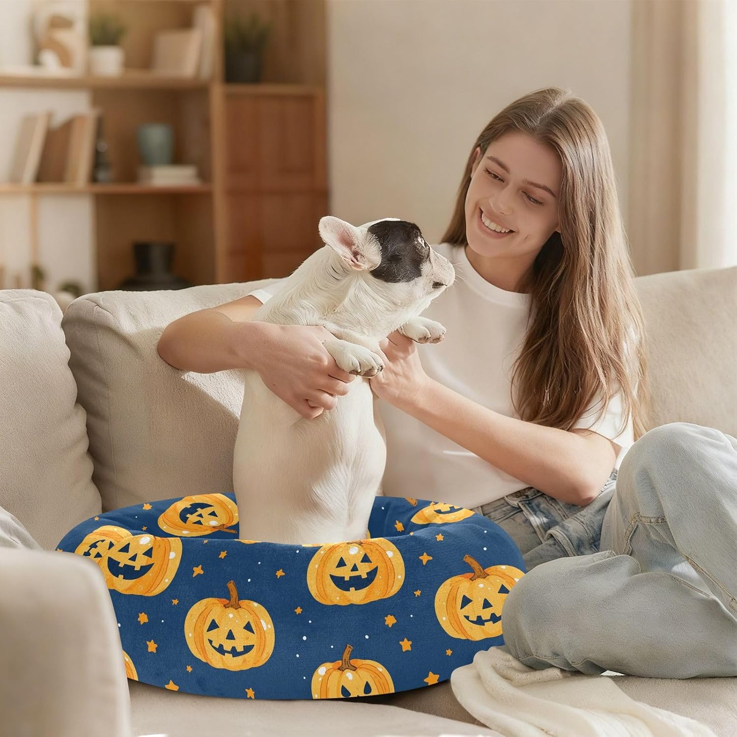Wudan Pet Cat Beds Calming Anti Anxiety Fluffy Dog Pillow Bed for Extra Small Size Pets Supplies M Fall Stars Pumpkins