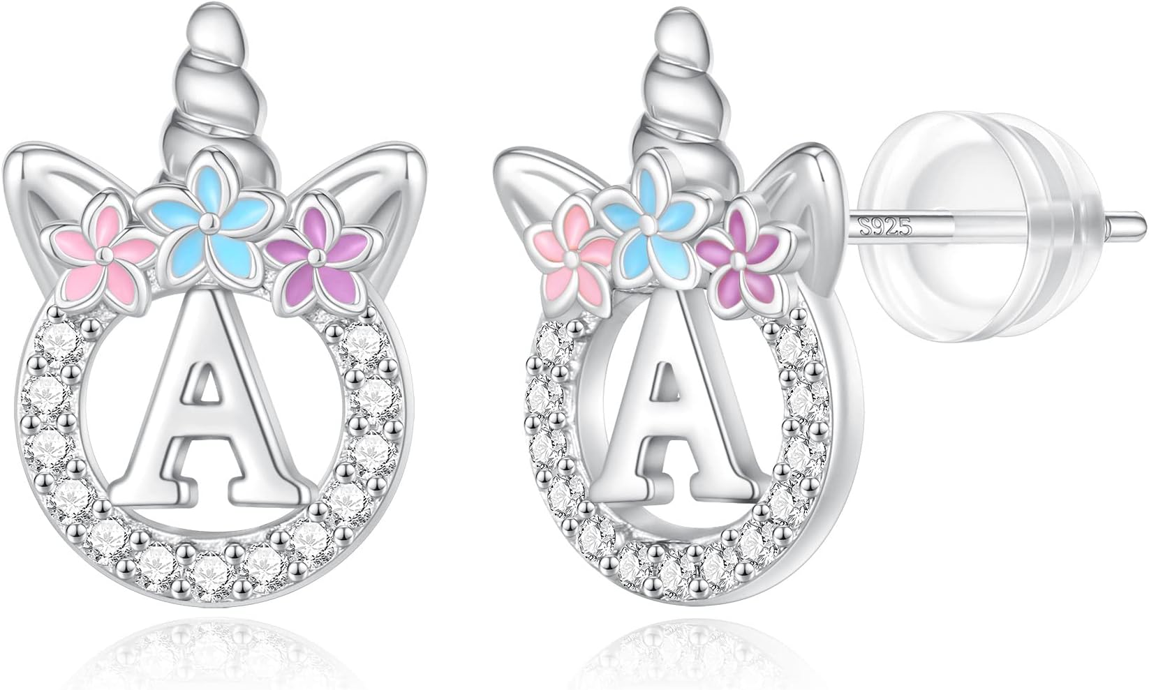 Unicorn Earrings Gifts for Girls - 925 Sterling Silver Stud Earrings Hypoallergenic Initial Unicorn Earring for Girls Kids Jewelry CZ Birthday Gifts