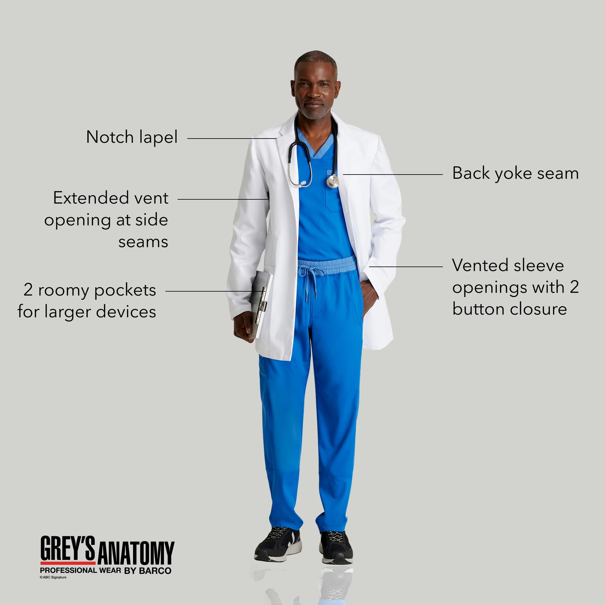 BARCO Grey's Anatomy Scrubs - Derek - Bata de laboratorio profesional de manga larga de 3 botones de longitud completa de 35 a 39 pulgadas, Blanco, 38 Regular