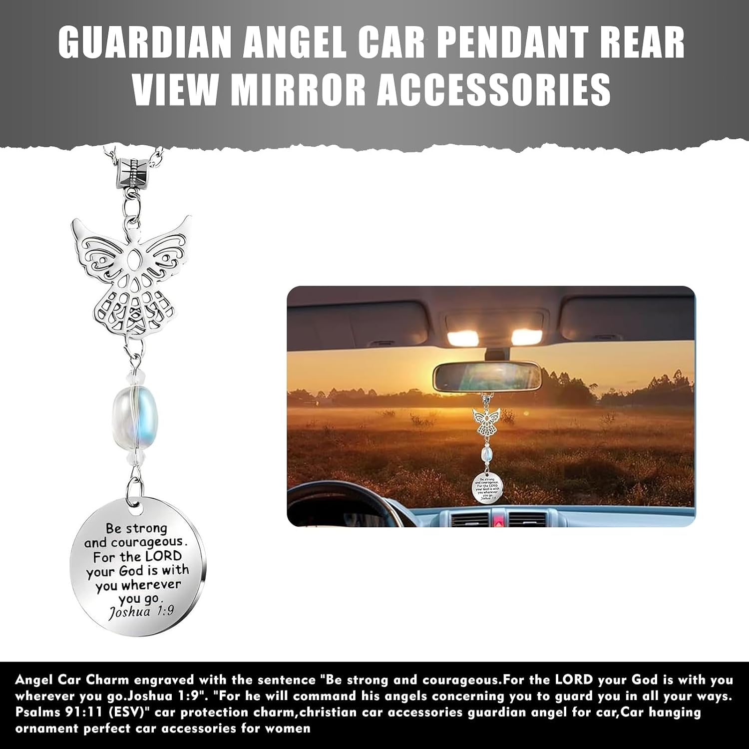 Angel Car Rear View Hanging Ornament, Christian Joshua Mirror Charm, Guardian Angel Wing Jewelry Interior Ornament, Decoration Accessory for Car Truck SUV Sedan (Silver) image 4