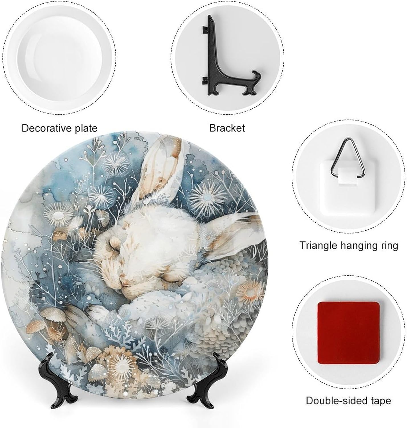 A Sleeping Rabbit Ceramic Decorative Plate for Office Decor, Chinese Style Decorative Dish with Stand, Dinner Dish Decorative Plates for Wall Hanging Bone Collections Plates 10inch