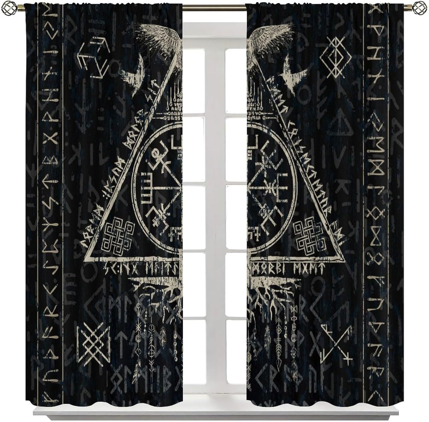 Retro Viking Mythological Symbol Curtains for Living Room, Abstract Nordic Viking Theme Raven Print Rod Pocket Thermal Insulated,Window Drapes 2 Panels 63" L x 31.5" W
