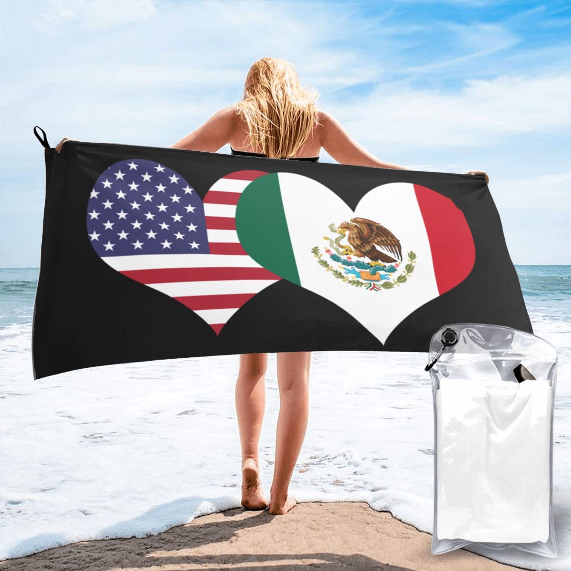 Lsjuee American Flag and Mexican Flag Microfiber Beach Towel-Quick Dry Oversized Towels Blanket for Travel Pool Camping